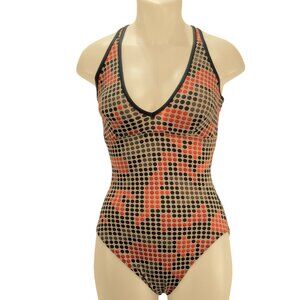 GOTTEX Blue Womens Swimsuit One-Piece Tan Brown Orange Black Dot Pattern Size 10
